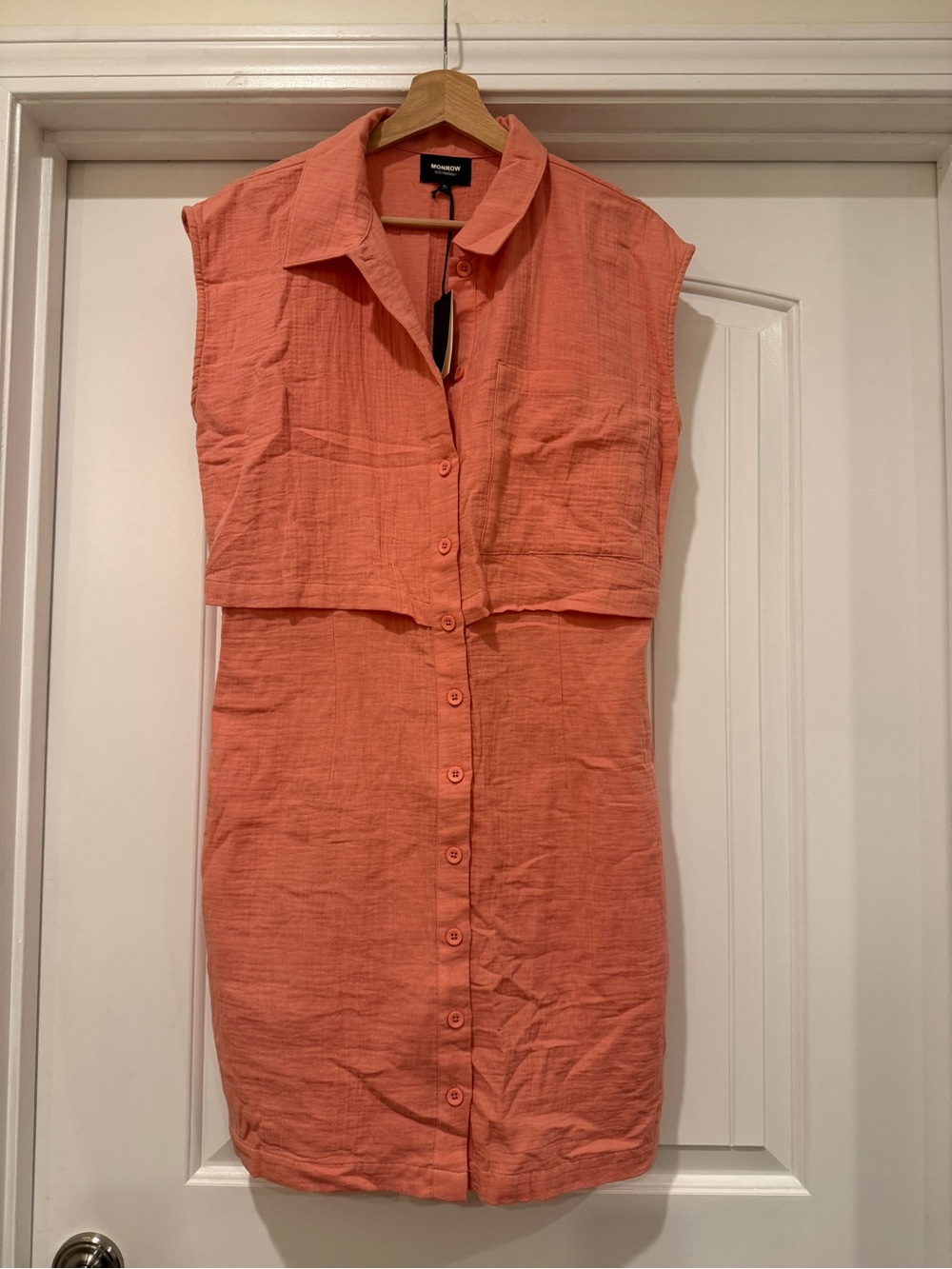 Monrow Coral Button-Front Sleeveless Shirt Dress